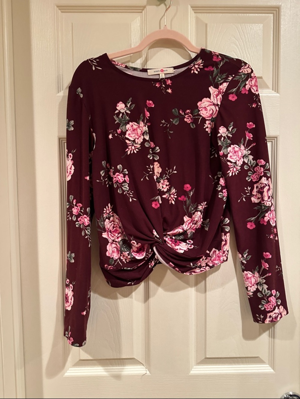 Wishful Park Burgundy Floral Twist-Front Long-Sleeve Top